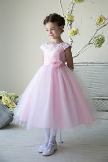 Pink Satin Embroidered Lace and Tulle Skirt Flower Girl Dress